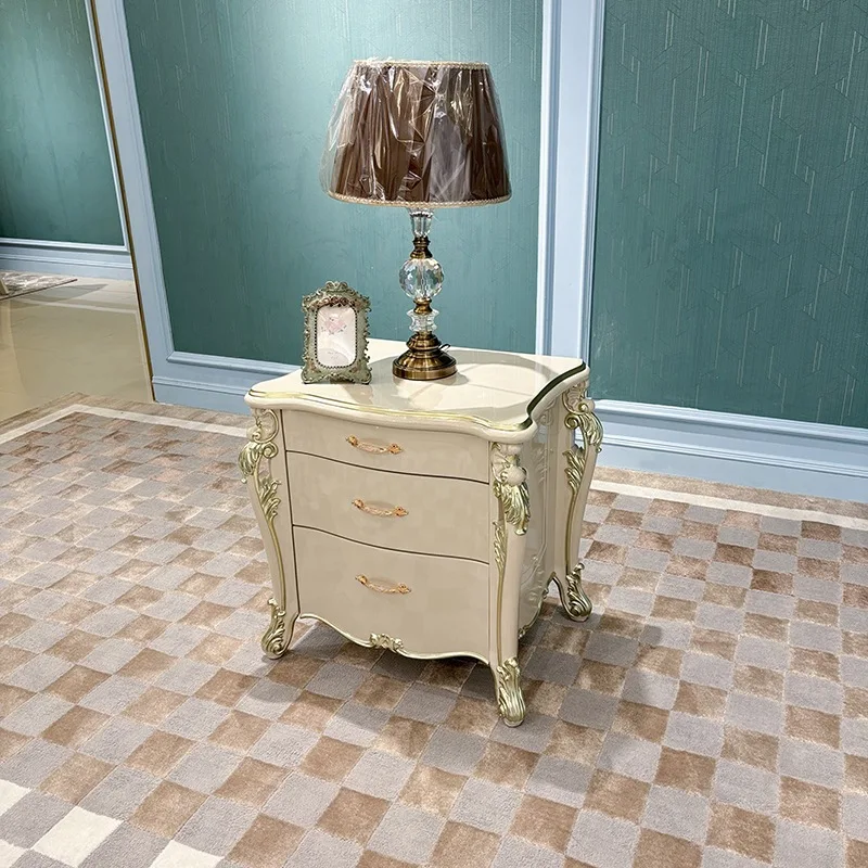 French court bedside table, European bedroom three-drawer storage cabinet corner few solid wood feet carved