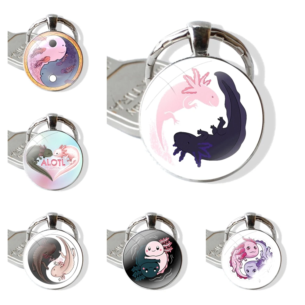 Cute Axolotl Yin Yang Cherry Blossoms Keychain Handmade Glass Cabochon Key Ring Holder Pendant Key Chains