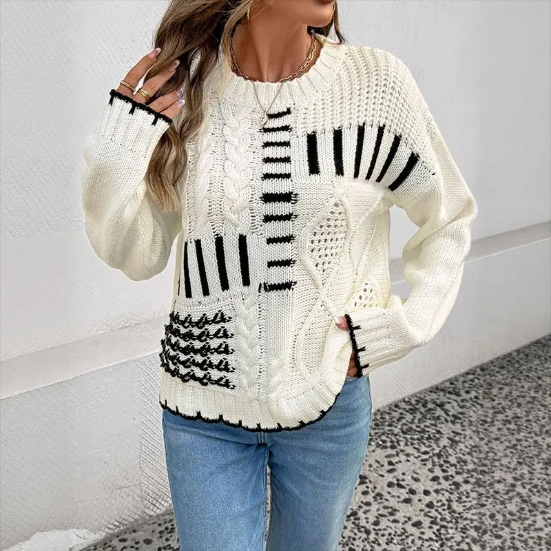 Pull à col ras du cou ajouré pour femme, couleur crème, blanc, noir, contraste, tricot torsadé, manches longues, automne hiver, décontracté, coupe ample