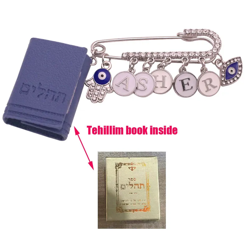 ZKD customise english name Tehillim book Hebrew blue blessing brooch pin evil eye hamsa protection jewish gift