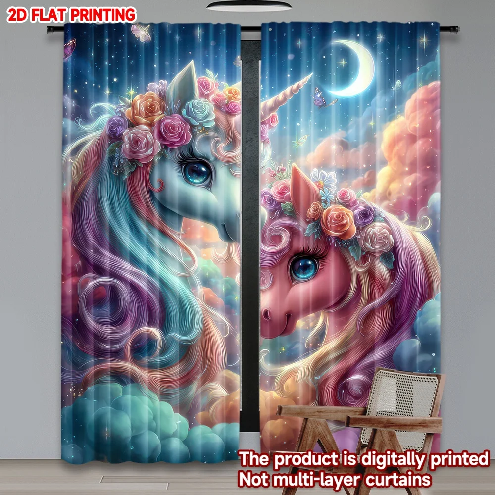 

2D flat printing 2pcs Curtain Magical Unicorns in Dreamscape Digital Printed Polyester Drapes Family Party Use for Holiday