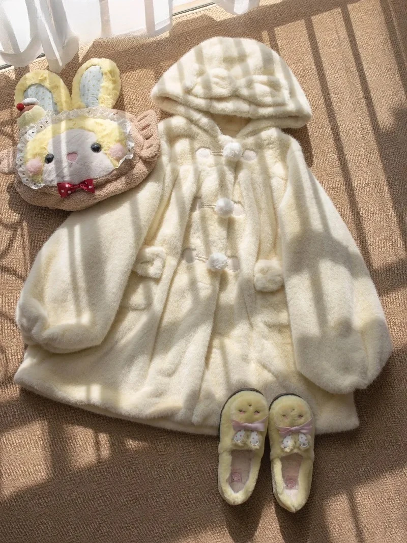 

Thickened Autumn Winter Clothes Hooded Mink Velvet Coat Lolita Sweet Cute Girls Versatile Solid Color Loose Coat Plush Jacket