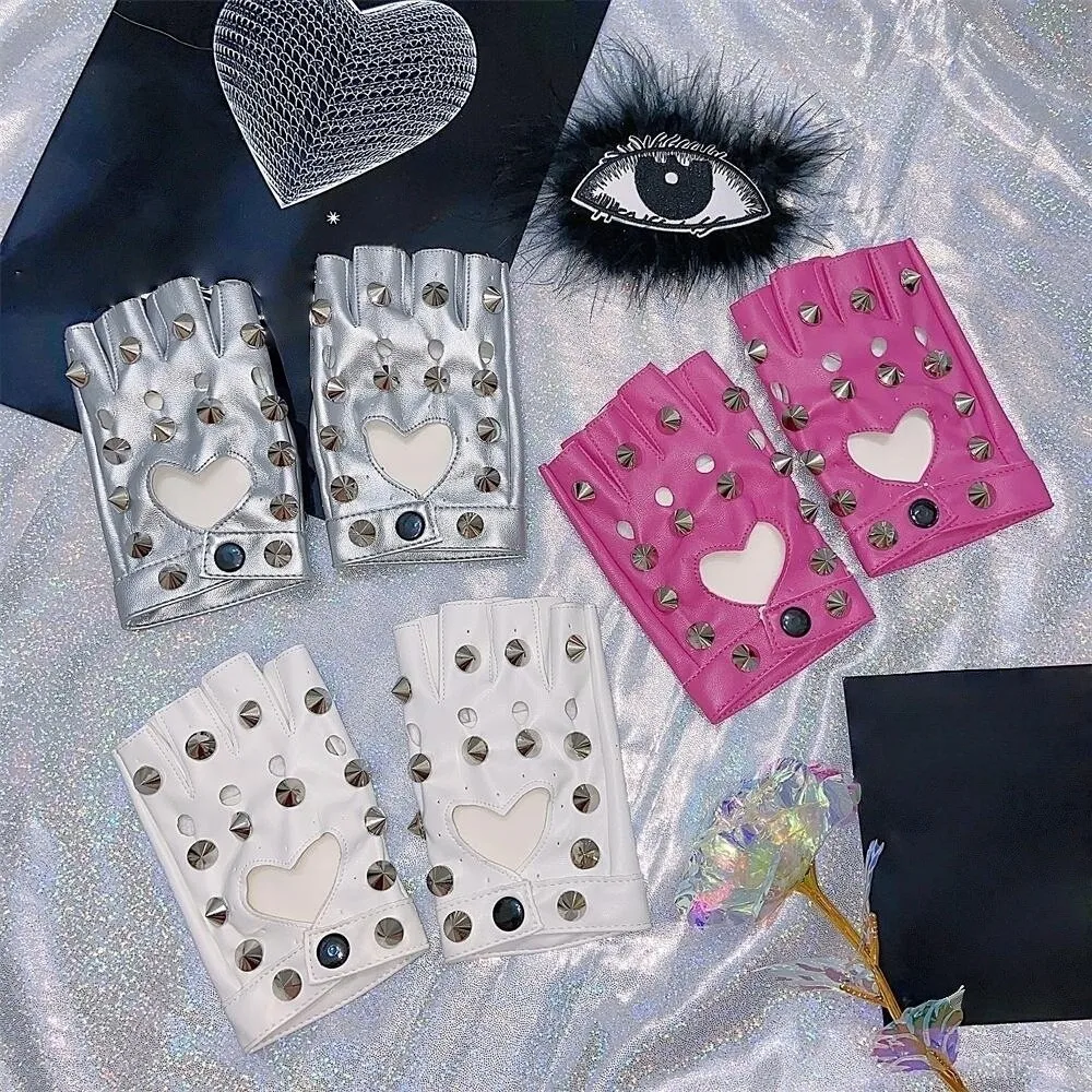 

Перчатки без пальцев с заклепками из искусственной кожи, в стиле хип-хоп, готические перчатки Y2K из лакированной кожи