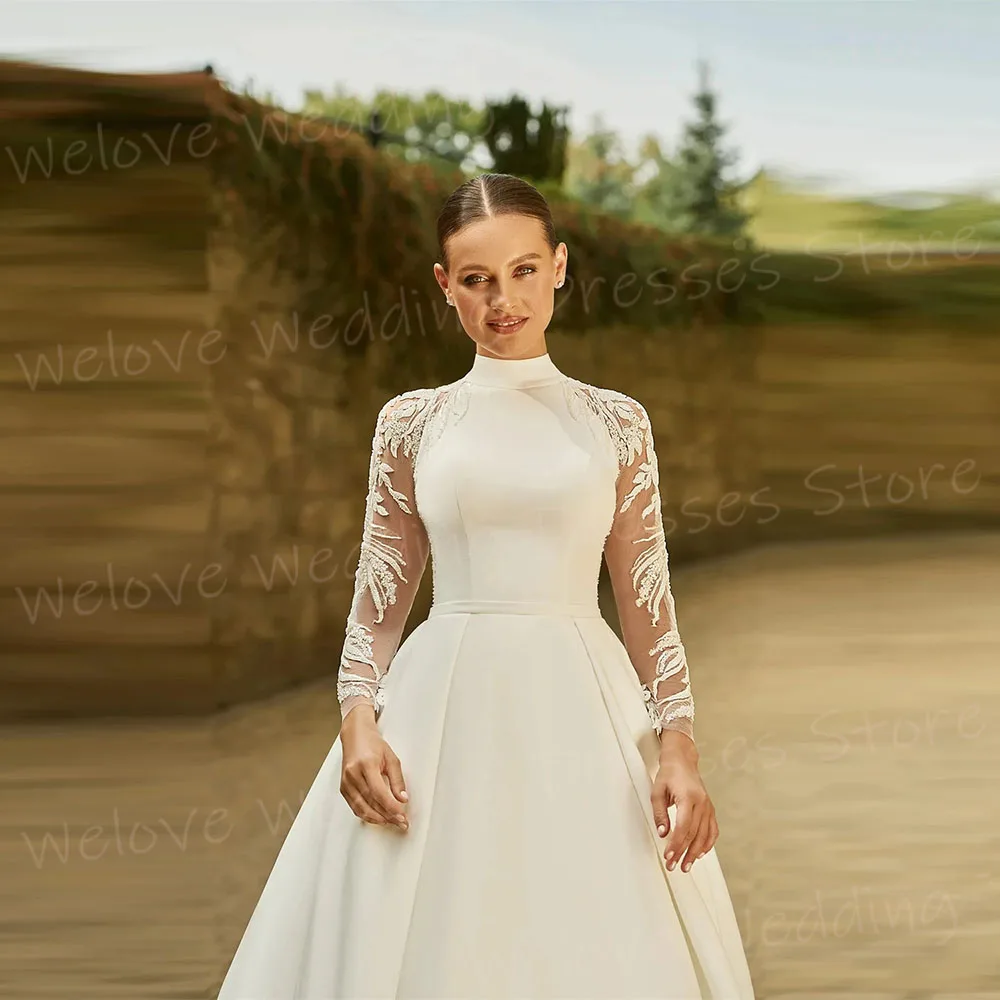 Piękne suknie ślubne damskie w kształcie litery A, z wysokim dekoltem, długim rękawem, Vestido, szyte na miarę suknie dla panny młodej, koronkowe aplikacje, Vestido De Novia