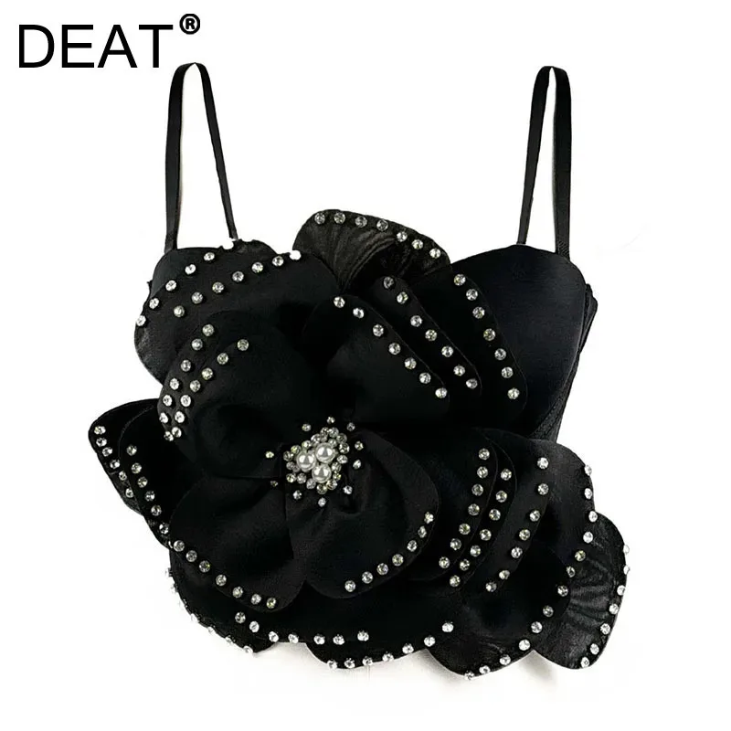 DEAT Women's Fashion High End Big Flower Bead Sweet Camisole Trendy Solid Color Sling Female 2025 Spring New Items 11A02254