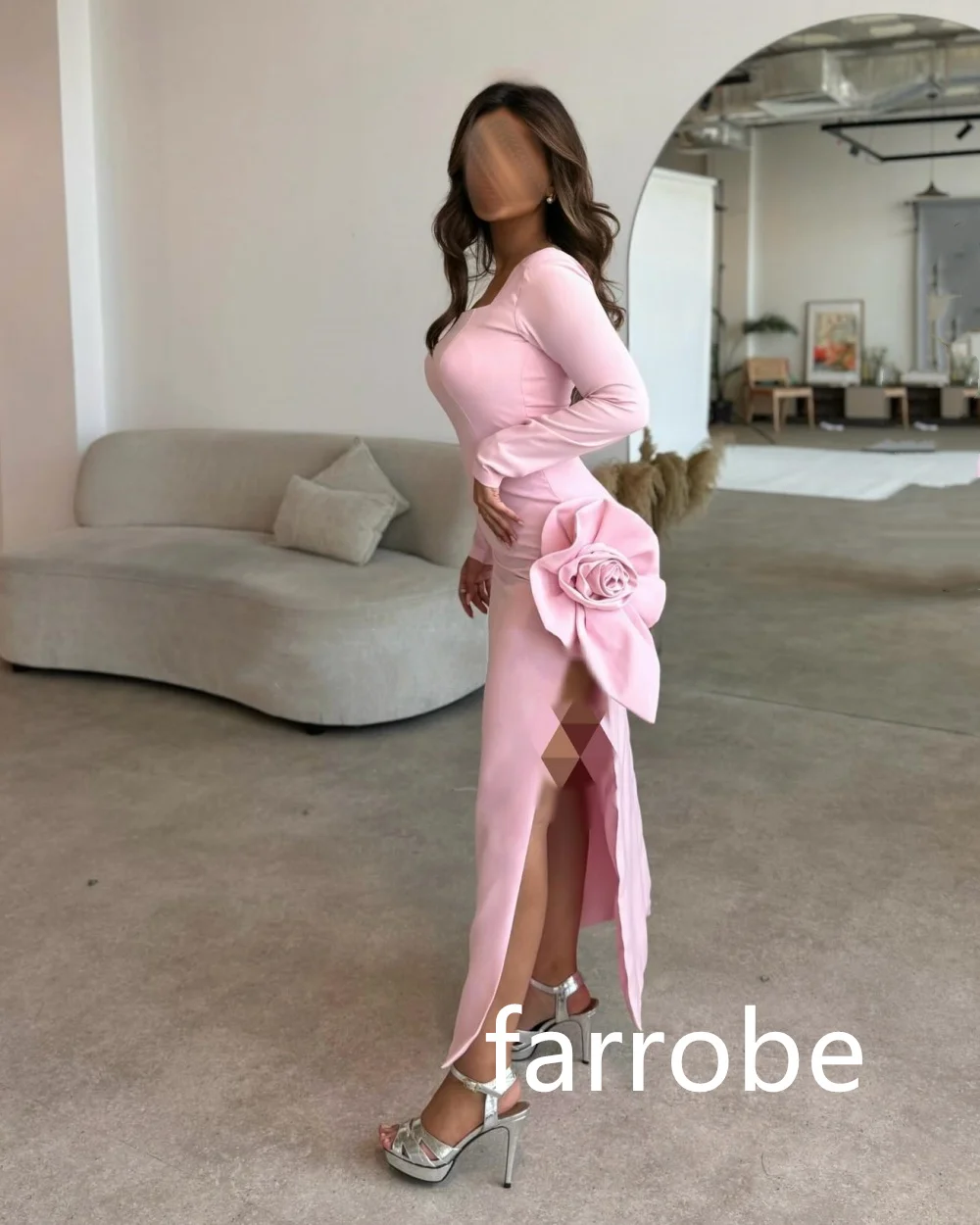 맞춤형 은밀한 저지 플리츠 플라워 A 라인 스퀘어 넥 미디 드레스, 맞춤형 행사 드레스, 클래식 절묘한 모던 스타일