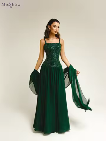 MisShow Dark Green Evening Dress With Shawl Sequins Beaded Spaghetti Strap Square Collar A-Line Dress Customized Formal Vestidos