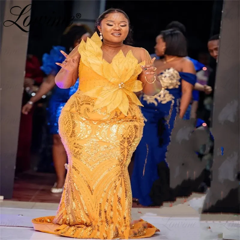 Aso Ebi Arabic Gold Mermaid Prom Dresses Plus Size African Sequined Engagement Wedding Party Dress Beaded Formal Evening Gowns