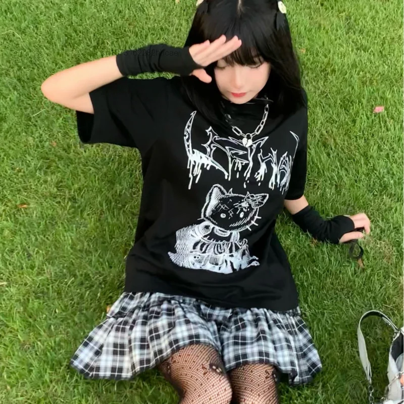 Sanrio Hello Kitty Harajuku Y2k Punk Style T Shirt Spicy Girl Goth Black T-shirt Ladies Japanese Streetwear Tees Top For Women