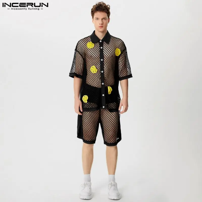 INCERUN 2024 Sexy Fashion Sets Men Mesh Hollow Flower Decoration Short Sleeved Shirt Shorts Casual Clubwear Two-piece Sets S-5XL