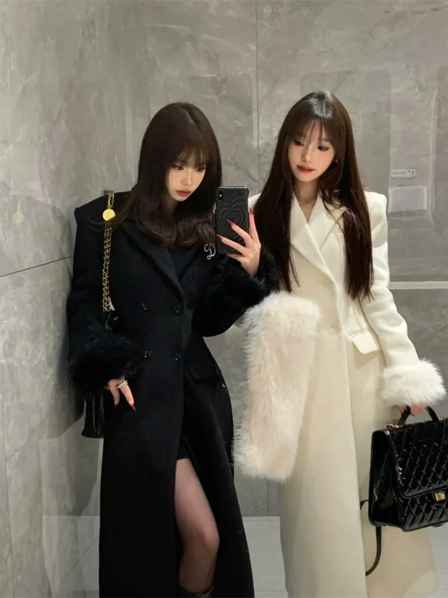 White Fur Collar Double-sided Woolen Waist Cinched Coat for Women, Autumn and Winter Thick Mid Length Jacket