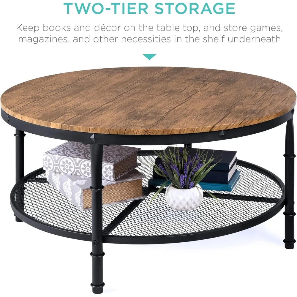 2-Tier 35.5in Round Industrial Coffee Table, Rustic Steel Accent Table for Living Room, w/Wooden Tabletop, Reinforced Crossbars