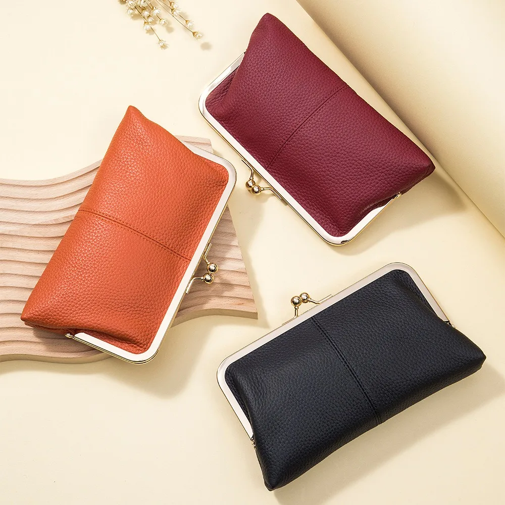 Genuine Leather Long Clutch Wallet Clip Bags Vintage Coin Purse Card Holder Key Lipstick Handbag Phone Pouch Case For Women