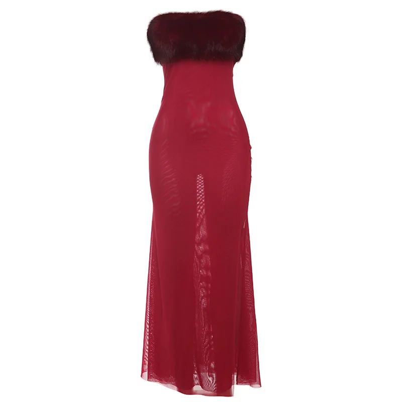 Robe de soirée pour femmes, nouvelle mode printemps été, Sexy, dos nu, col en fourrure, maille, Patchwork, sans bretelles, 2025
