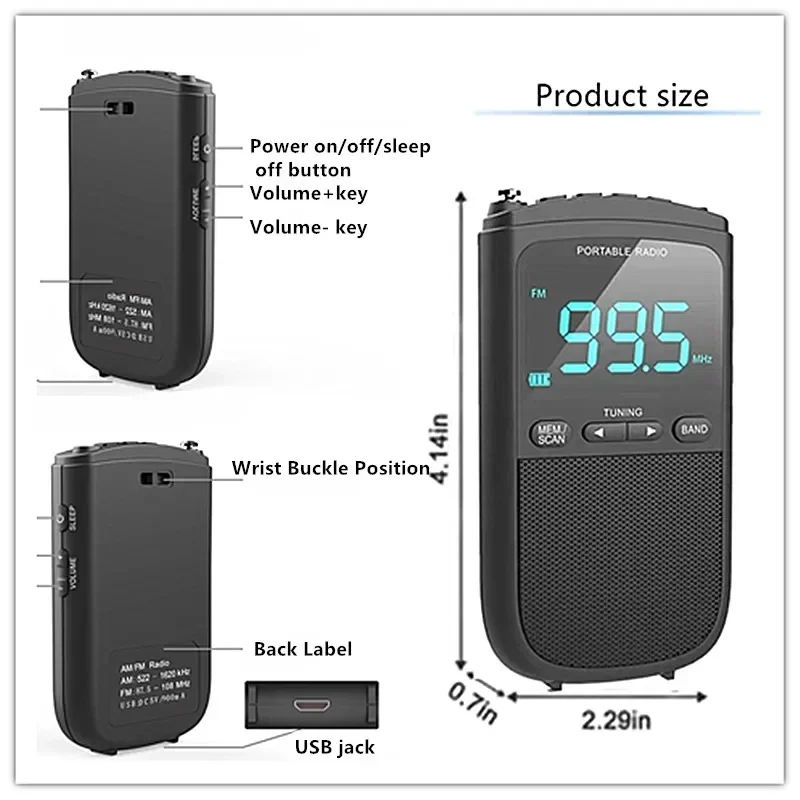 Outdoor motion AM FM Personal stereo radio rechargeable Mini FM headphone jack clock alarm pocket radio for Weather broadcast