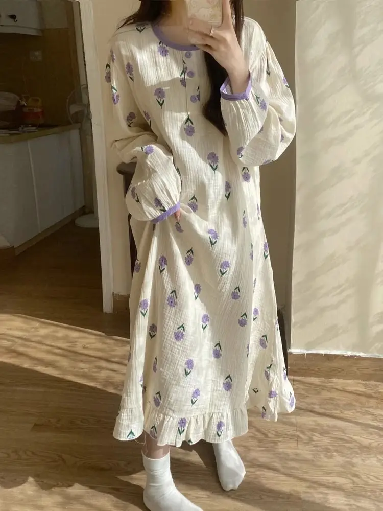 

Spring Autumn Embroidered Pajamas for Women 2025 New Korean Style Cute Home Clothes Nightgown Sleepwear Piece Dress Reviews Many