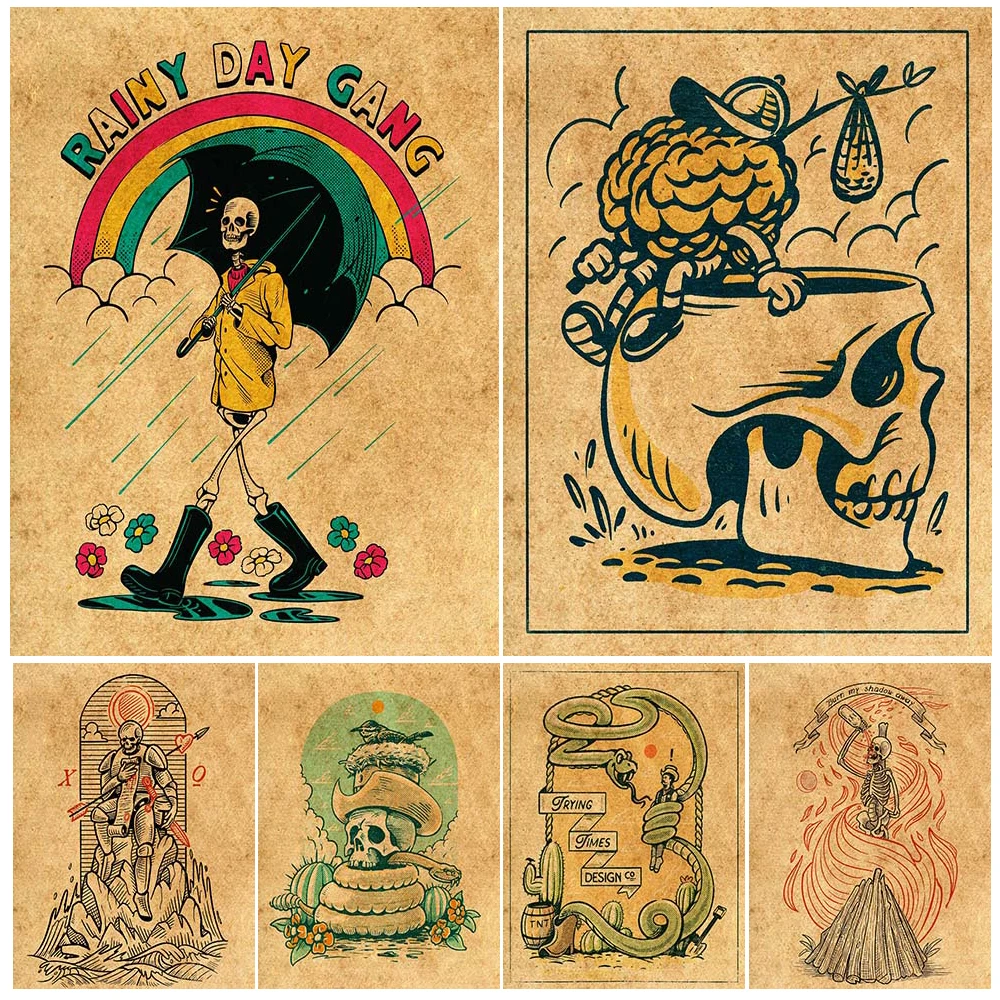 

Demons And Skeletons Dancing Around The Campfire Vintage Wall Art Print Wandering Skeleton Art Poster Print Home Decor Unframed