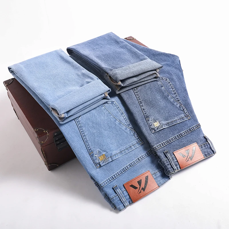 

2023 Spring Summer Brand Cotton Stretch Men's Regular Straight Lightweight Jeans Business Casual Mid Waist Thin Jeans