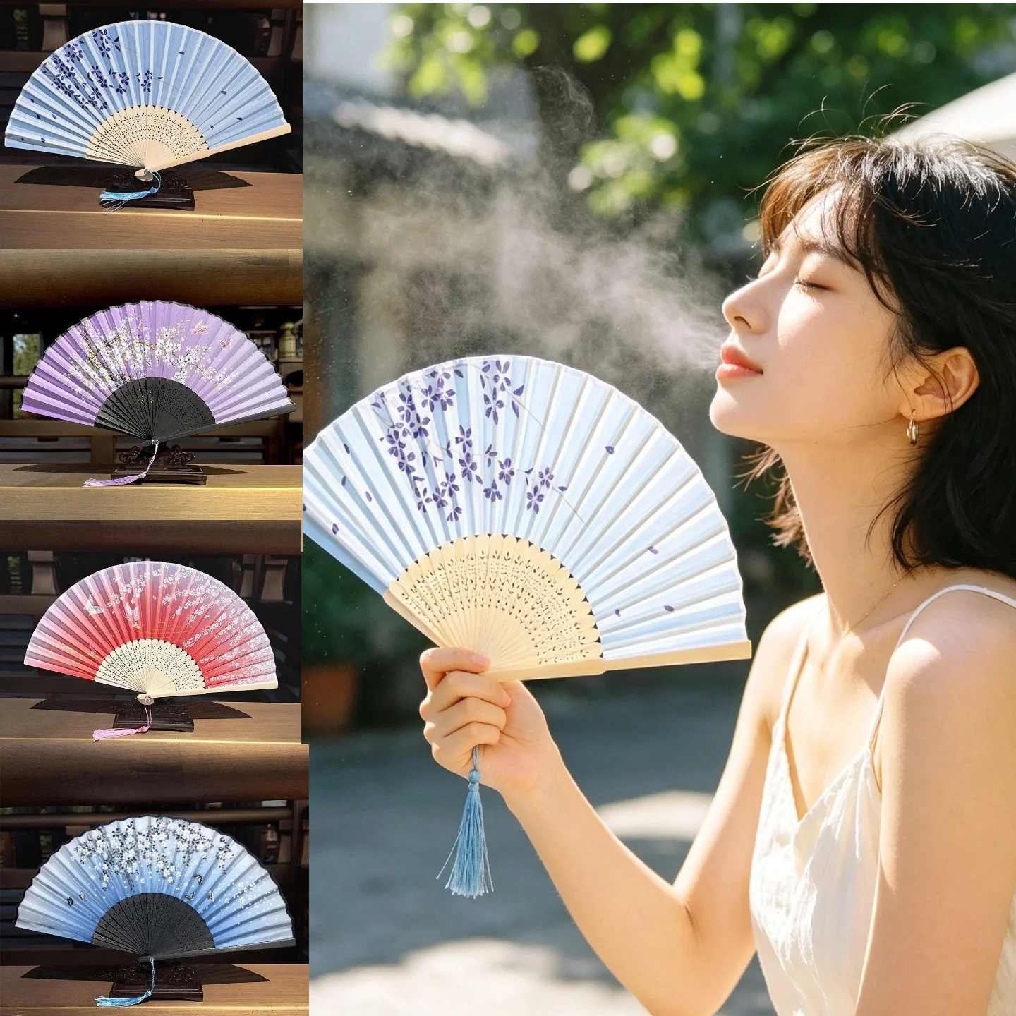 1pc Bamboo Chinese Japanese Folding Fan Colorful Tassel Elegent Female Fan Vintage Style Folding Fan Silk Hand Fan