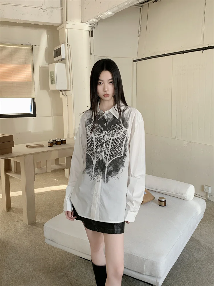 CHEERART Goth Y2k White Long Sleeve Shirt For Women Fall 2023 Fashion Button Up Collared Shirt Designer Top Autumn Clothes