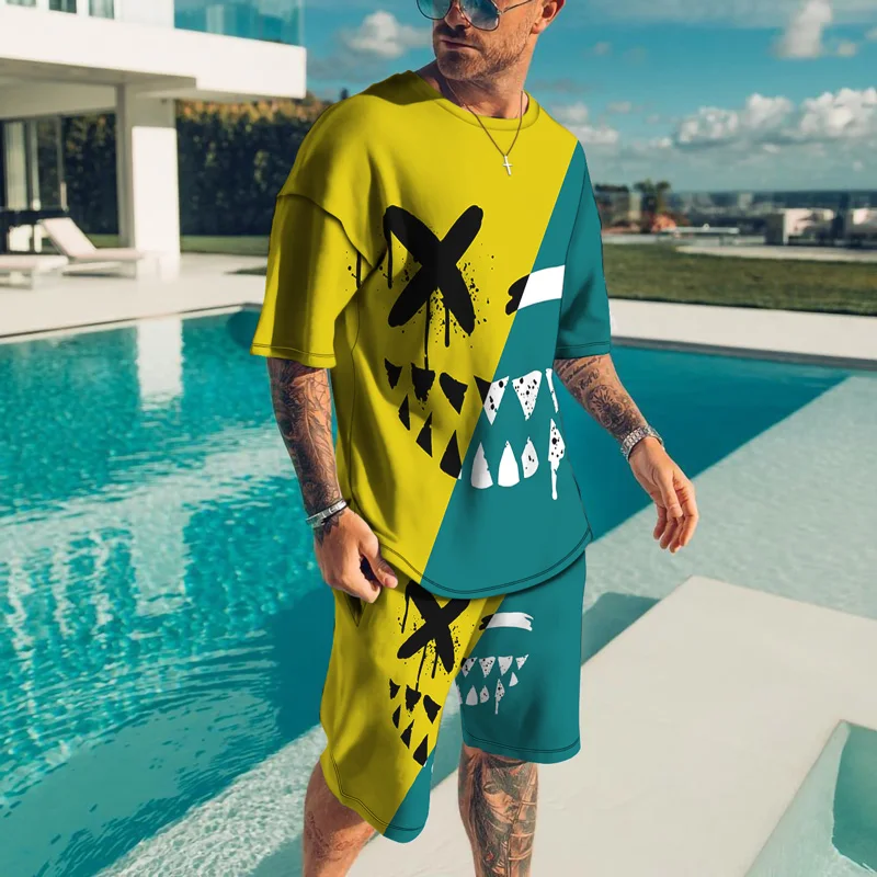 

2025-26 Fashion Fashion Suit 3D Printing Design Outdoor Travel Men's Suit Breathable Quick Drying Short Sleeve Shorts Suit