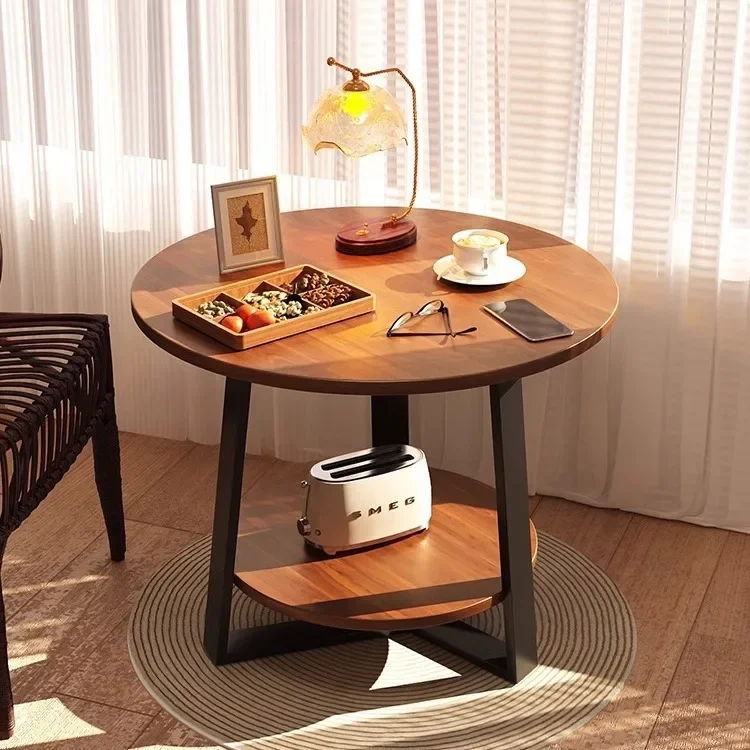 

-Small Furniture Living Room Bedroom Round Coffee Table With Shelf