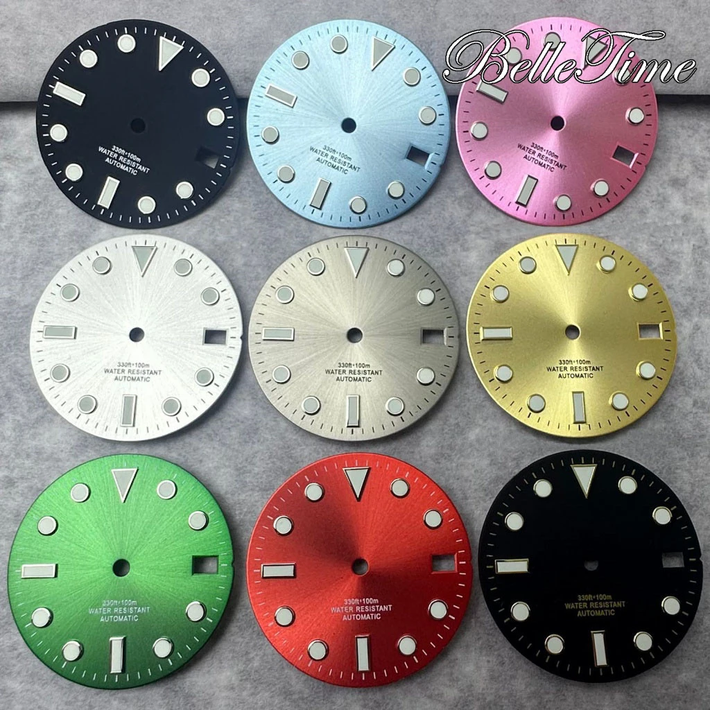 28.5mm Dial Watch Silver Gold Red Green Black Blue Grey Date Window Green Luminous  Dial Fit NH35 /NH36/4R/7S Automatic Movement