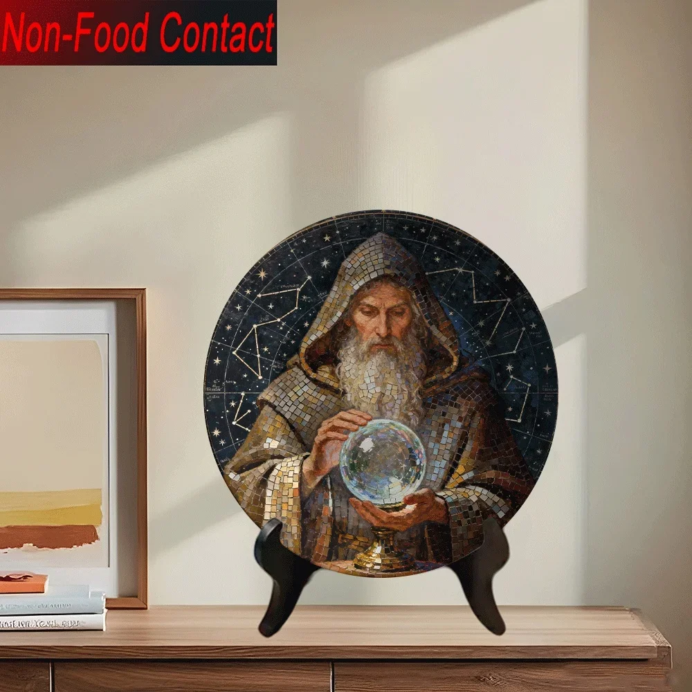 1pc Ceramic Oracle Fortune Telling Plate - Wizard & Crystal Ball with Zodiac/ Symbols, Mystical Astrology Decor for Home Altar,