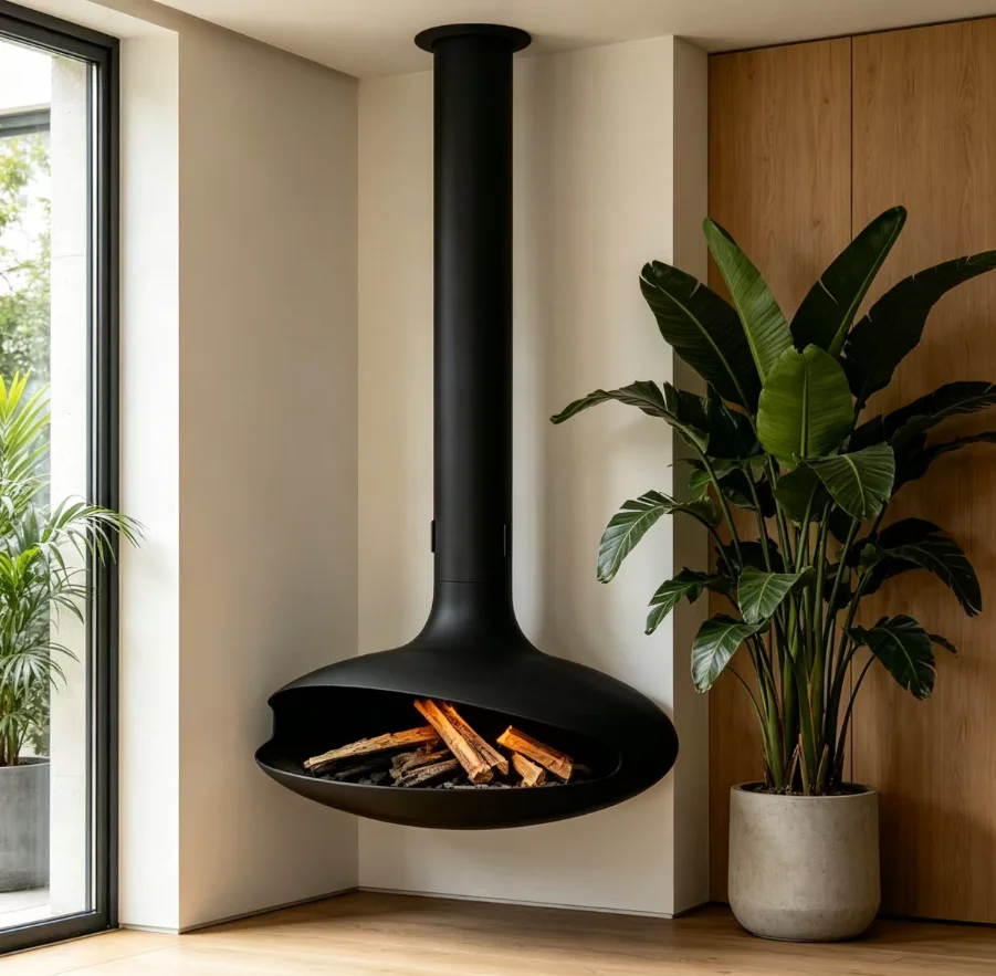 Indoor Hanging Wood Burner Stove Heater Round UFO Saucer Design with 360 Degree Floating Fireplace Supplier Modern