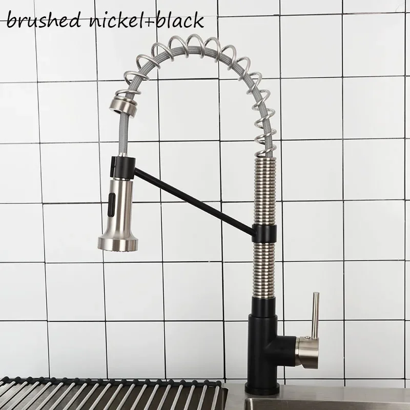 Brass Kitchen Faucet Brushed Nickel+Black Faucet Pull Out Rotate Swivel Single Handle Deck Mounted 2-Function Water Outlet Tap