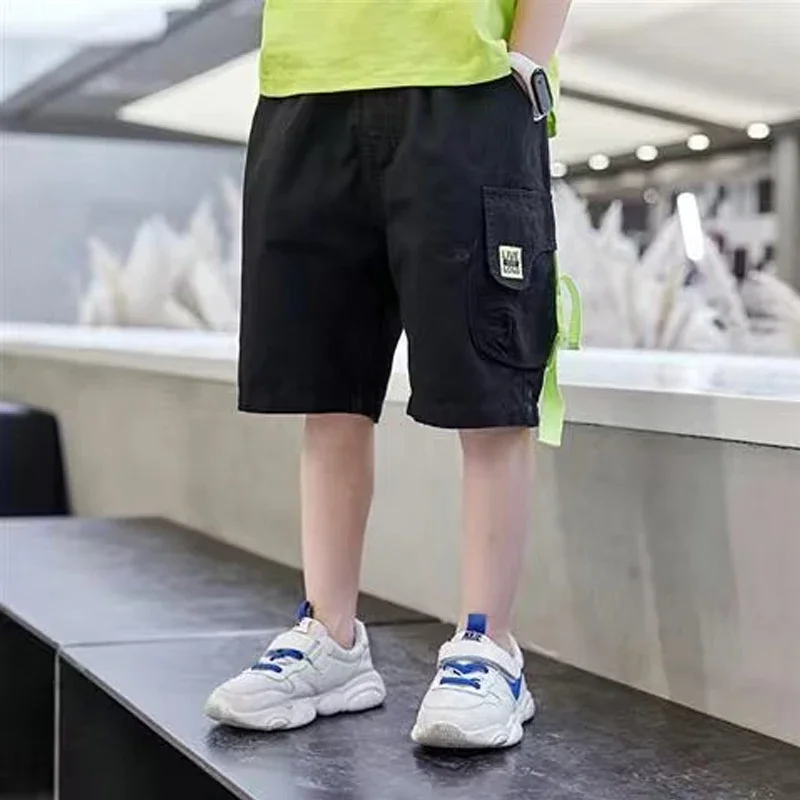 Boys Shorts Summer Loose Pants Teenage Trouser Pocket Shorts Kids Casual Cargo Short Pants Children\'s Elastic Waist Cotton Pants