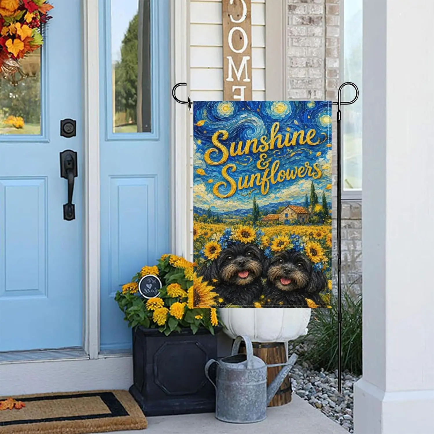 Cute Fun Black Shih Tzu Dog Summer Sunflower Welcome Garden Flag 12x18 Inch,Oil Painting Floral Wreath Outdoor Yard Decor,Bl kkz