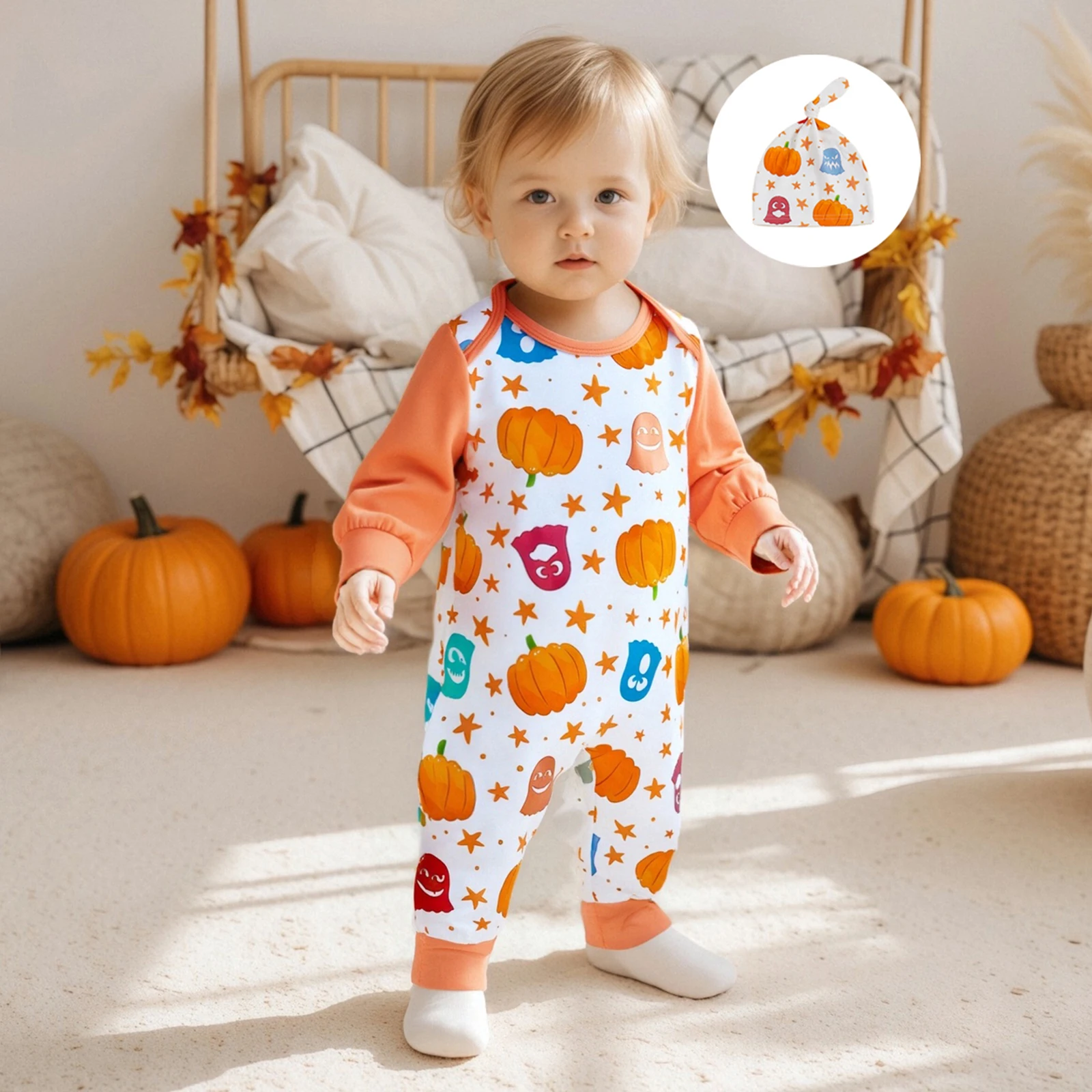 

Baby Girl Romper Fashionable Halloween Ghost and Pumpkin Pattern Round Neck Long Sleeve Jumpsuit with Hat