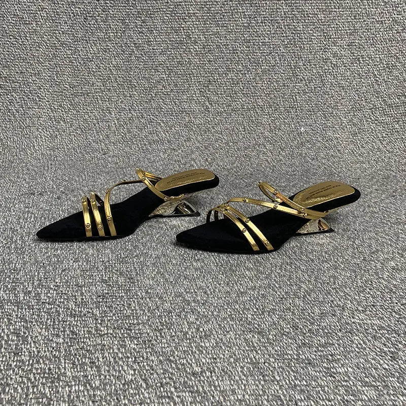 French Style Slim Strap Pointed 5cm High-heeled Slippers Women, Sloping Heels for Banquets, Summer Open Toed Sandals Shoes Women
