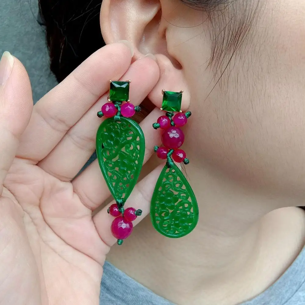 

YYGEM 6mm-8mm Fuchsia Agate 22x40mm Carved Green JadeGreen Rhinestone Stud Drop Earrings