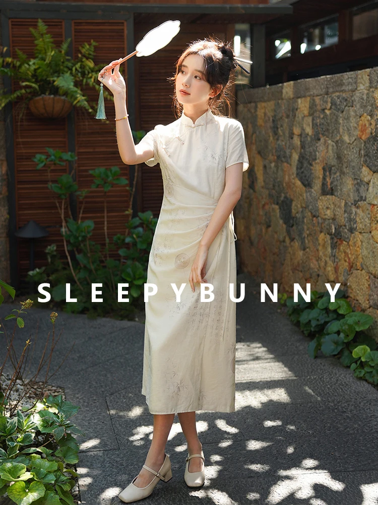 Women Summer Chinese Style Floral Print Cheongsam Dress Elegant High-Waisted Short Sleeve Qipao Petite Fit Retro Oriental Dress - Image 2