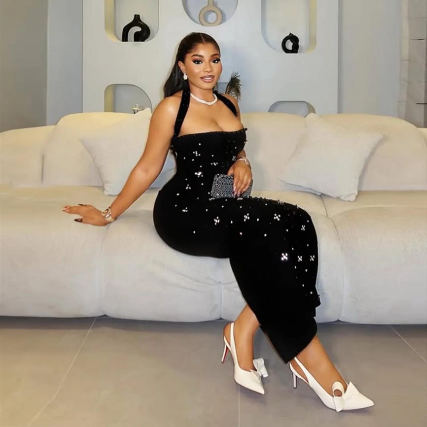 Neuestes 2026 Funkelndes Strass-Perlen Ärmelloses Bodycon Bandage Langes Kleid Damen Abend Club Party Elegante Geburtstagskleider