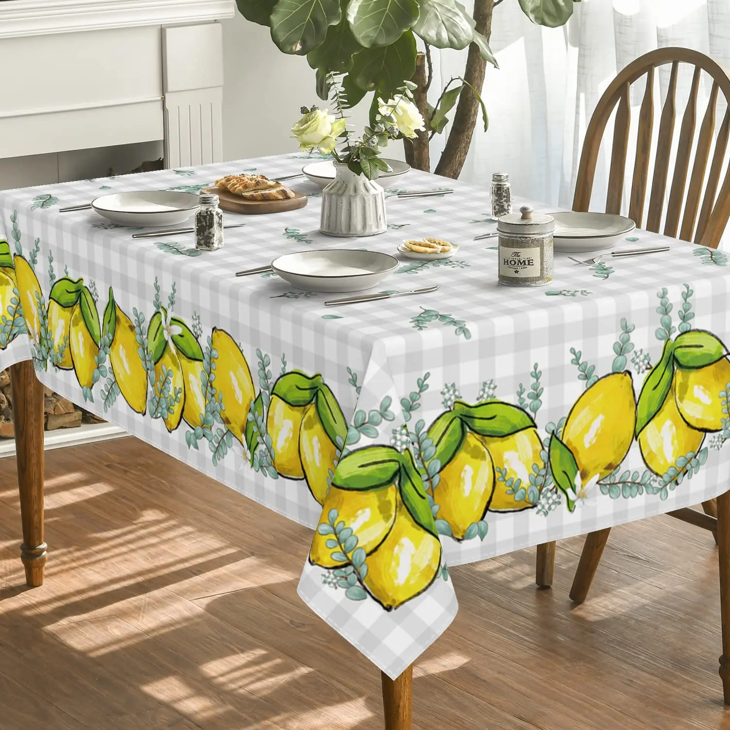 Buffalo Plaid Lemon Floral Rectangle Tablecloth Home Kitchen Tablecloth Suitable for Wedding Party Picnic Dinner Decoration