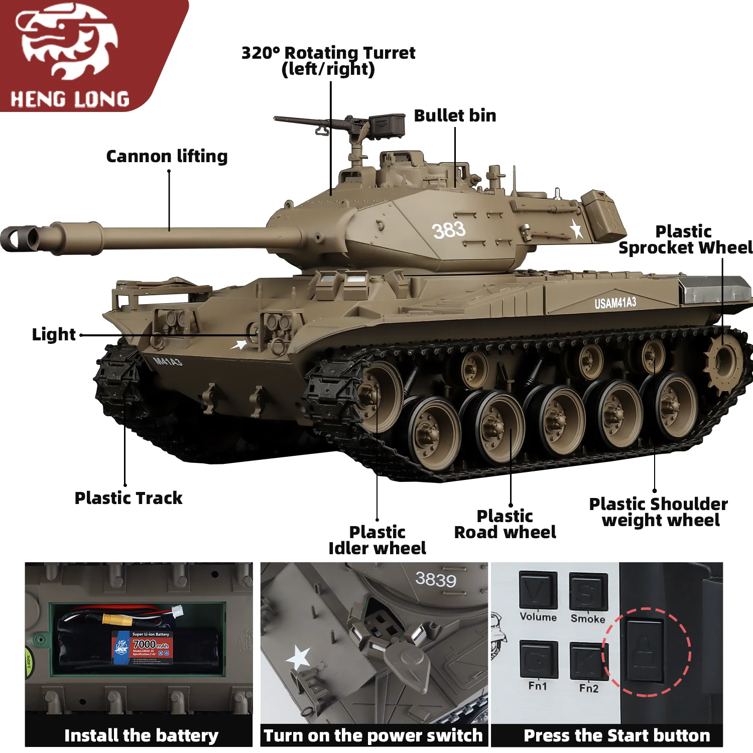 Heng Long rc tanks 1/16 US M41A3 Walker Bulldog tankmodel (volledig plastic basisver. & 320 °   Roterende torentje & TK7.0) nr.3839