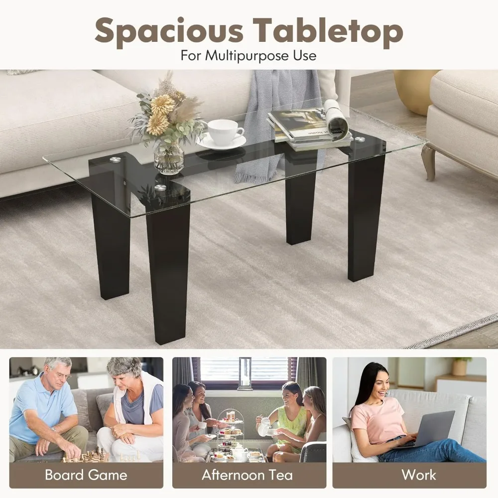 Rectangular Glass Coffee Table, Modern Tempered Glass Top Accent Table with Transparent Tabletop & Rubber Wood Frame
