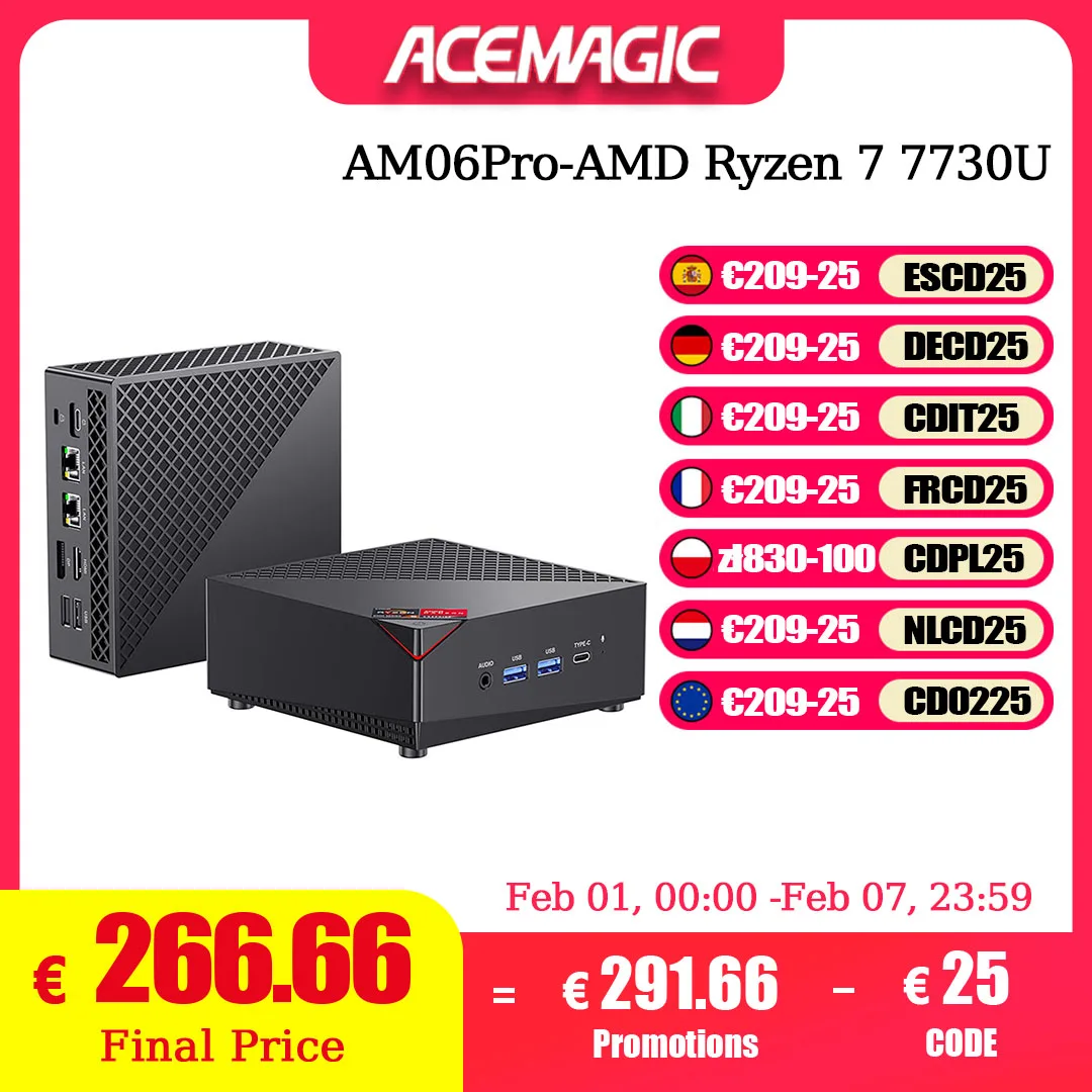 ACEMAGIC Mini PC AMD Ryzen 7 7730U (8C/16T, tot 4,5 GHz) Mini-computer 4K Triple Display Mini-desktopcomputers BT5.2/WiFi 6