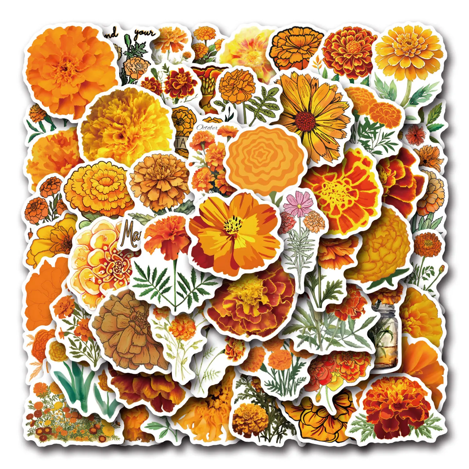 

55PCS Aesthetic Marigold Flower Stickers Vintage Orange Floral Cartoon DIY Decorable Luggage iPad Waterproof Stickers Kids Toy