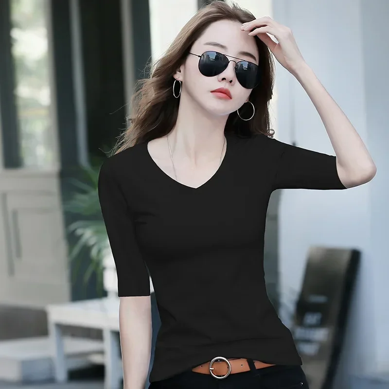 MRMT 2026 Brand New Women's Black Mid-Sleeve T-Shirt Women's Fifth-Sleeve Bottoming Shirt with Half-Sleeve Tight V-Neck Tops