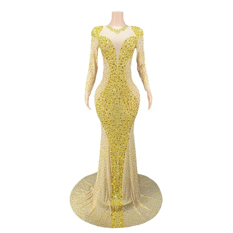 วันเกิดเพชรแขนยาวหรูหราชุด SHINY GOLD PARTY ผู้หญิง Abendkleider Damen Elegant Vestidos De Fiesta Grad