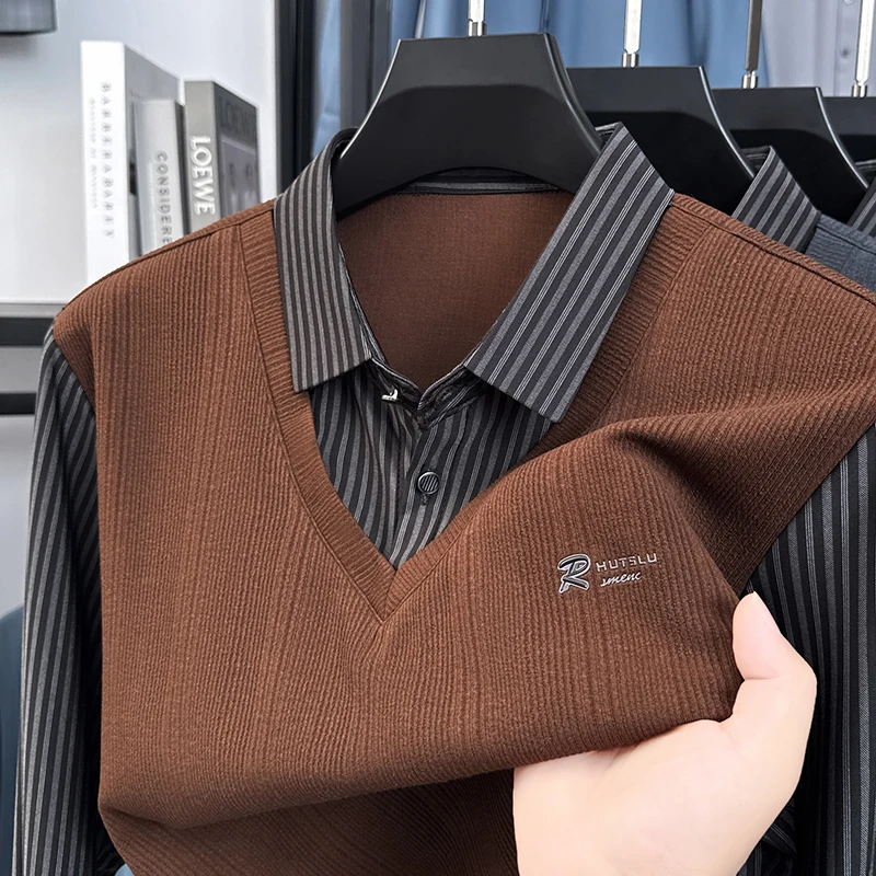 جودة فاخرة للرجال وهمية قطعتين الخريف رائعة إلكتروني طباعة طويلة الأكمام تي شيرت الأعمال الكلاسيكية موضة ملابس رجالية غير رسمية #3