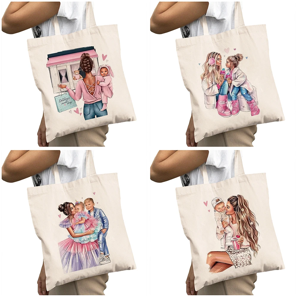 Casual Cartoon Girl Shoulder Tote Handbags Super Mom and Baby Women Shopper Bag Double Print Lady Shopping Bags Big Capacity