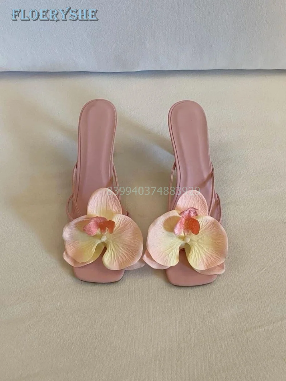 Flower Elegant Slippers Straps Women Shoes Square Open Toe Thin Heel Summer Green Pink White Shoes 2024 Fashion New Arrival