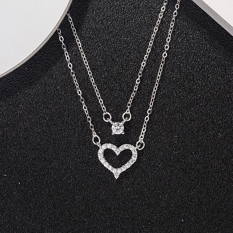 Neue Mode Doppelschicht Liebe-förmigen 925 Sterling Silber Persönlichkeit Kristall Halsketten XL131
