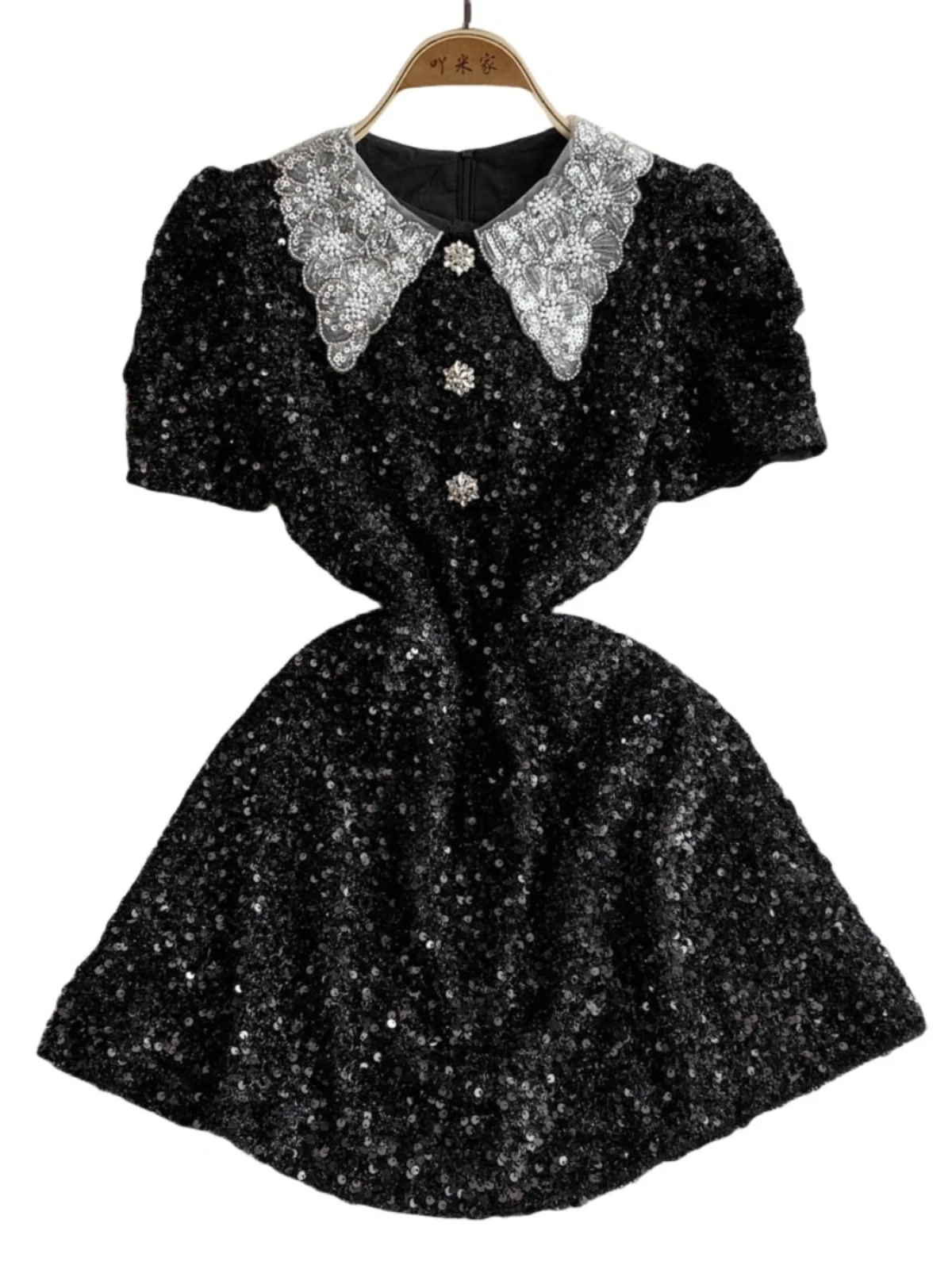 Retro Doll Collar iny Sequin Dr Women's Summer New Small Size Slim ort Sve A-Line Skirt High Waist Korean Sle