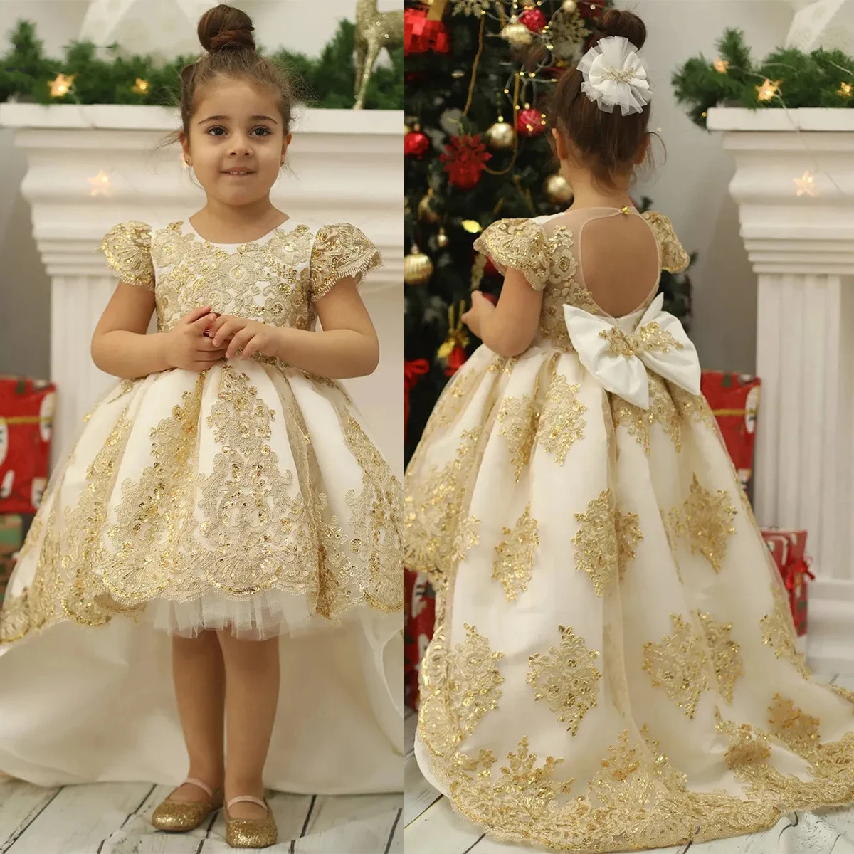 

Golden Flower Girl Dresses With Bowknot Baby Girls Beaded Appliques Wedding Party Gowns Toddlers High Low Princess Pageant Dress